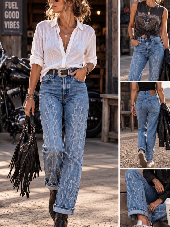 Levi's Denim - Levi's Medium Blue Straight-Leg Jeans with White Zigzag Embroidery. New no tags